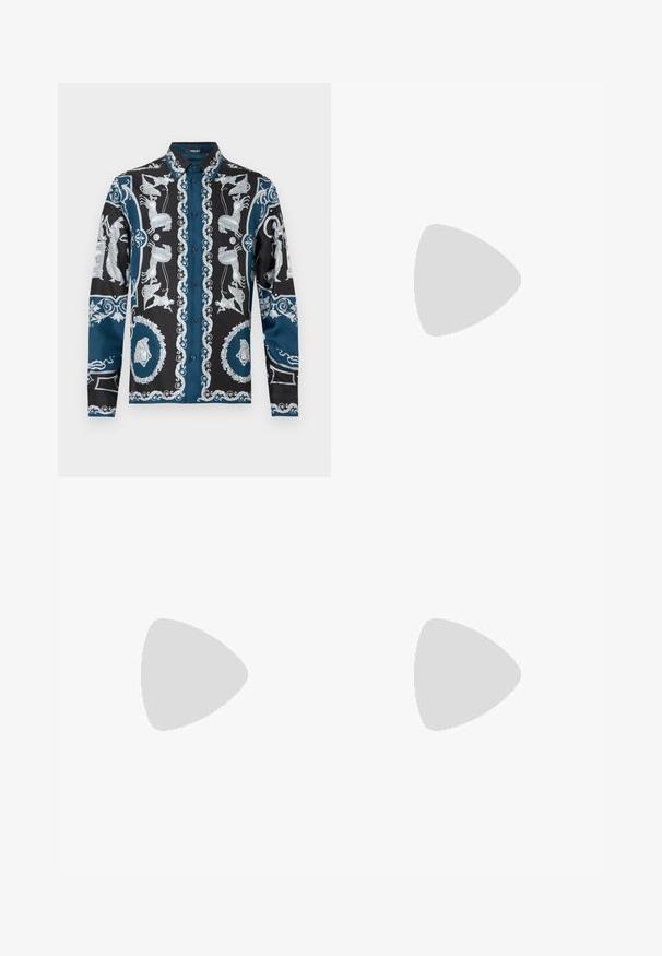 Long-sleeve shirt featuring a black base with intricate silver and blue patterns, including figures and decorative borders. Button-down collar.; Black denim jeans with distressed patches, relaxed fit, frayed hem, and standard five-pocket design. The fabric appears durable and textured.; Black leather combat boots with a high shaft, lace closure, chunky rubber sole, and metal accents on the sole's base.; Angular gray-tinted sunglasses with silver hardware, set against a light background. The lenses feature a unique geometric shape.