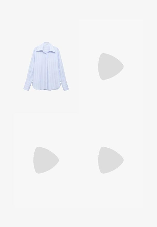 Camicia a maniche lunghe azzurro chiaro con righe bianche verticali, colletto a punta e chiusura con bottoni. Presenta una vestibilità comoda e maniche con polsini.; Tessuto di lino bianco con una trama strutturata, caratterizzato da un aspetto leggermente opaco e da irregolarità naturali sparse nel materiale.; Ballet flat in rete color crema con punta affusolata e cinturino regolabile. Presenta una tomaia testurizzata e una suola piatta marrone.; Occhiali da sole in tartaruga con montatura arrotondata, lenti scure e dettagli in oro sul tempio. Materiale in plastica liscia, senza schemi visibili.; Borsa a tracolla in pelle intrecciata marrone con una forma triangolare morbida. Presenta una maniglia intrecciata e una chiusura con zip lungo la parte superiore.