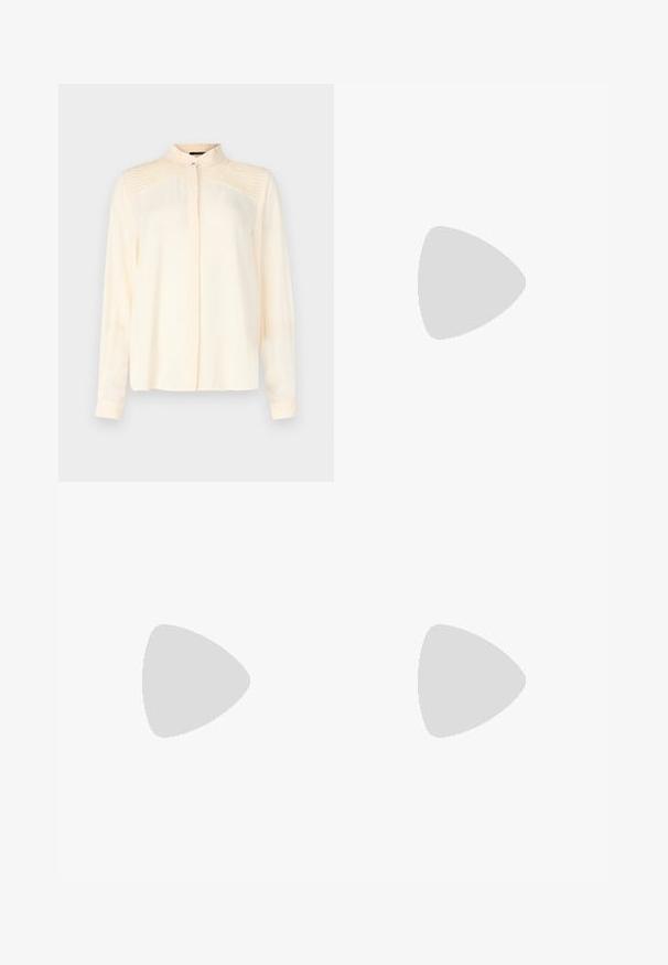 Cream long-sleeve shirt made of smooth fabric with a mandarin collar, featuring fine pleated detailing on the shoulders and a buttoned front.; Black tailored trousers with a straight-leg design, featuring a smooth texture and crisp creases along the front. No visible hardware.; Black leather slingback heels with a pointed toe, featuring a slim heel and a gold-tone accent on the adjustable strap. Smooth texture.; Black leather handbag with a structured design, featuring a cropped shape, top handle, and gold hardware accent. Adjustable shoulder strap included.
