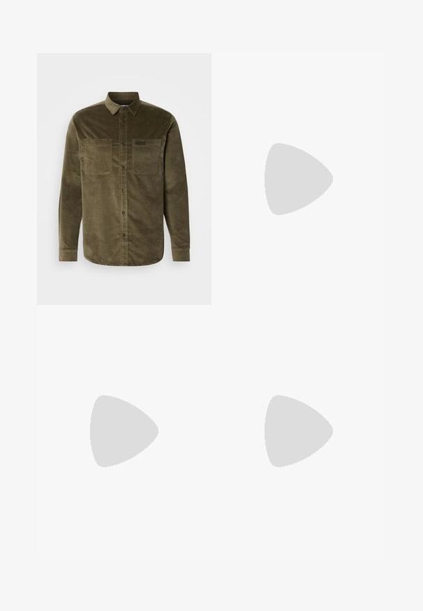 Olive green corduroy shirt with a collar, button-up front, and two chest pockets. Features a subtly branded label on the pocket.; Black denim jeans with a straight-leg design, featuring a button closure, five pockets, and minimal stitching for a clean look.; Black leather lace-up shoe with a rounded toe, smooth texture, minimal stitching, and a low rubber heel. Logo on the heel.; Black duffel bag made of textured synthetic material. Features two handles and an adjustable shoulder strap. Simple design with no visible patterns.