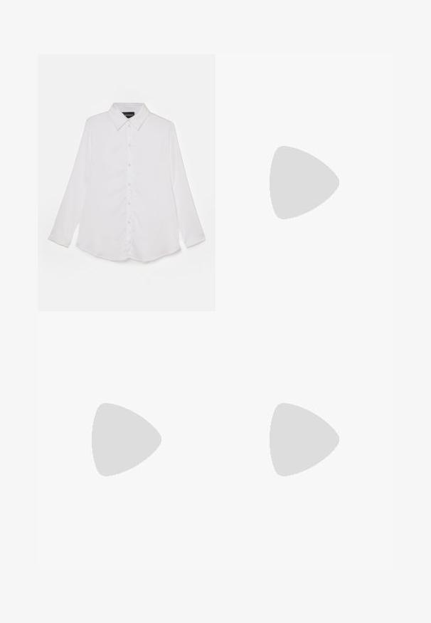 Camicia bianca a maniche lunghe con chiusura a bottoni, colletto classico, texture liscia, orlo inferiore curvo e una sottile lucentezza.; Pantaloni neri svasati con una texture liscia, vita sagomata e tasche frontali, progettati con un profilo elegante e moderno.; Sandal nero con tacco a spillo, straps incrociati e fibbia regolabile. Presenta una texture liscia e un tacco affusolato.; Borsa a tracolla nera in pelle con due tasche frontali, fibbie dorate, chiusura con zip e una tracolla sottile. Superficie texturizzata e forma rettangolare compatta.