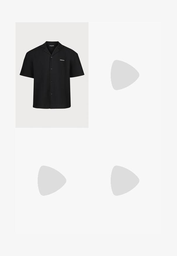 Black short-sleeve shirt with a notched collar, vertical ribbed texture, front buttons, and a small white logo on the left side.; Black denim pants featuring a straight-leg cut, five-pocket design, and a front button closure. Smooth texture with minimal stitching details.; Black leather shoes with a rounded toe, lace-up design, and a thick, textured rubber sole. Features stitching along the edge and a smooth finish.; Black sunglasses with a rectangular shape, dark lenses, silver accents at the temples, and a matte finish on the frame.