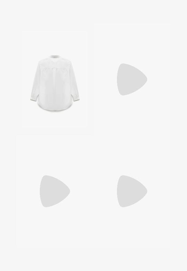 Chemise blanche à manches longues avec un ourlet arrondi, texture douce, détail de pli au dos et manches à retrousser, conçue pour un ajustement décontracté.; Pantalon en denim noir à jambes larges avec une taille haute, comprenant des poches avant et arrière, des coutures piquées et une fermeture à bouton. Texture lisse.; Bottines bordeaux brillantes à talon épais noir, avec une texture lisse et un design simple. Aucune fermeture visible ni motifs.; Sac fourre-tout en cuir marron avec une texture lisse, design à ouverture supérieure et deux poignées pour le porter à l'épaule. Présente des coutures minimales et aucun matériel visible.