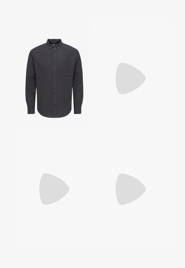 Mørkegrå skjorte med knapper lavet af tekstureret stof, med spids krave, lange ærmer og en enkelt brystlomme på venstre side.; Slank jeans i falmet grå denim med slidte detaljer ved knæene, parret med hvide sneakers. Glat tekstur, slim fit design.; Hvide lædersneakers med perforeringer, rund tå, flad sål og tykke snørebånd, med et synligt swoosh-logo og "AIR" på hælen.; Sølv rustfrit stål urrem med en marineblå urskive, metallic timemarkører og et datovindue kl. 3. Vandafvisende op til 50 meter.