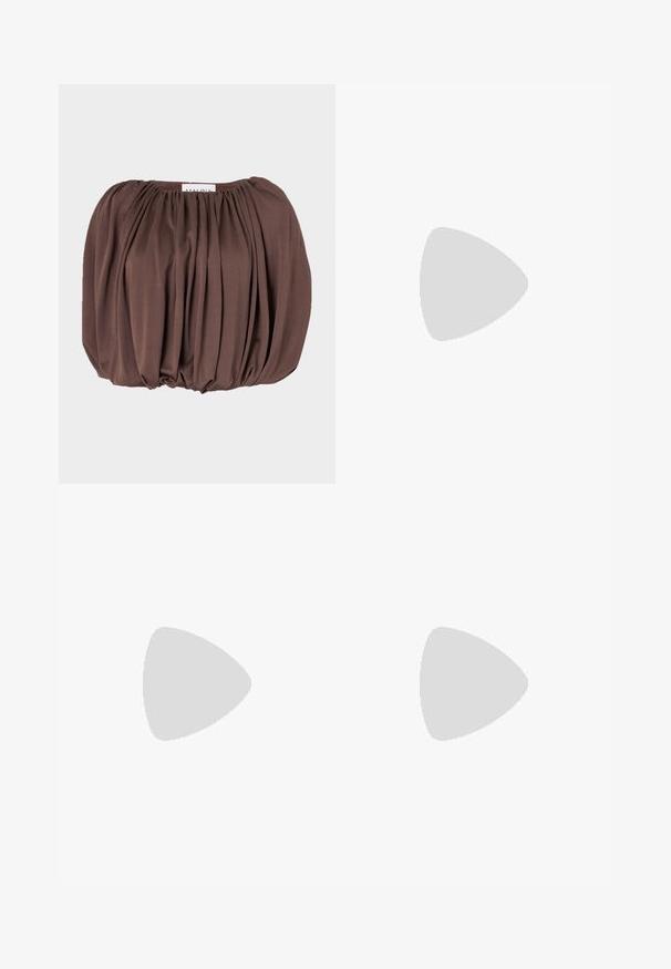 Brown puff-sleeve top made of soft fabric with pleated design, featuring a gathered neckline and rounded hem.; Beige wide-leg pants made of cotton blend fabric. Features a smooth texture, elastic waistband, and a side button detail.; Pointed-toe flat shoe in beige leather with a low black sole. The interior features a contrasting black lining. Smooth texture, no patterns.; Black leather shoulder bag with a soft texture, triangular shape, and adjustable strap, paired with a light blue striped shirt and white pants.