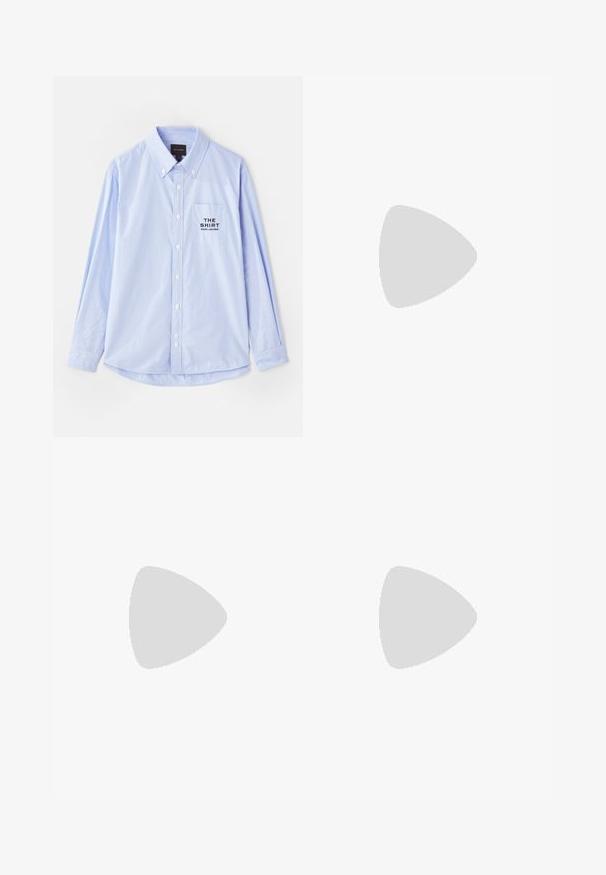 Light blue button-up shirt with vertical white stripes, long sleeves, a button-down collar, and a chest pocket featuring "THE SHIRT" text.; White short-sleeve t-shirt made of soft cotton, featuring a crew neckline and a fitted shape. No visible patterns or embellishments.; Black athletic shorts with an elastic waistband, featuring white side stripes and a zippered pocket on the right side. Adidas logo on the lower left.; Brown leather ankle boot with black padding, gold eyelets, and a textured sole. Features a circular logo on the side and stitching accents.