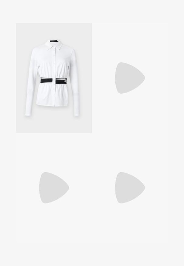 Camicia bianca a maniche lunghe con colletto, caratterizzata da una vita nera arricciata con strisce bianche e chiusura frontale con bottoni.; Pantaloni tapered bianco e nero che presentano una vestibilità slim con pannelli a contrasto. Il tessuto ha una texture liscia; la vita è piatta e aderente.; Scarpe slingback nere in pelle con punta affilata, tacco sottile e dettaglio decorativo a fibbia sulla tomaia. Texture liscia e design elegante.; Borsa a righe bianche e nere con una forma strutturata, dotata di manico superiore, tracolla a catena staccabile e dettaglio logo metallico.