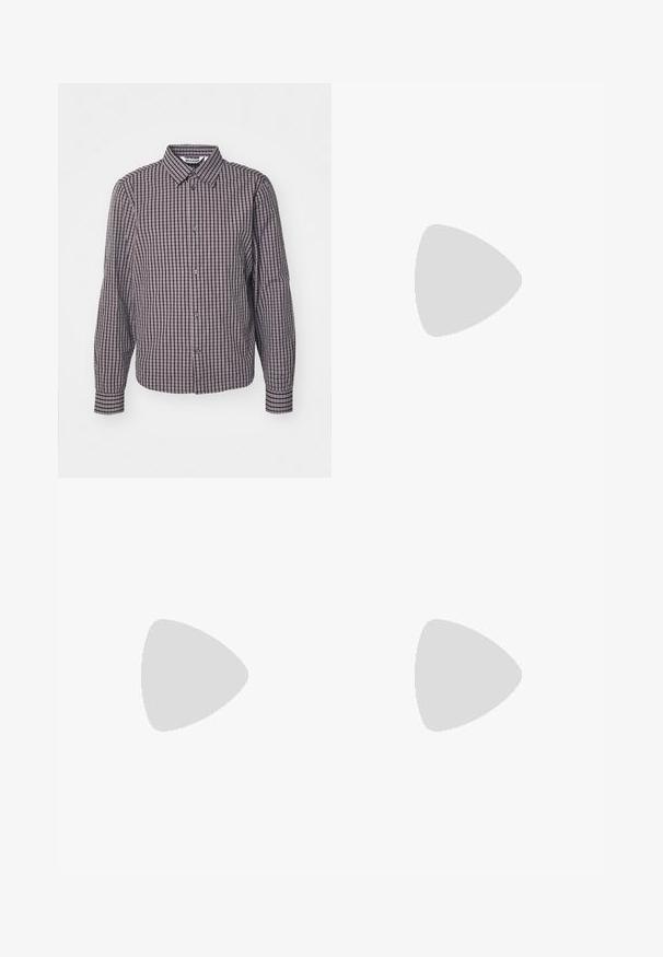 Button-up shirt with long sleeves, vertical and horizontal navy and burgundy check pattern, collared neckline, and two front buttons.; Beige wide-leg trousers with pleated front, two side pockets, made of smooth fabric with a subtle sheen, and a clean hemline.; Black leather loafers with a smooth finish, rounded toe, low heel, and decorative stitching along the front. Rubber outsole for grip.; Clear rectangular sunglasses with a thick plastic frame, featuring slightly tinted lenses and no additional patterns or accents.; Set of five silver rings featuring various designs: a chain pattern, a smooth band, a dotted band, and openwork accents.