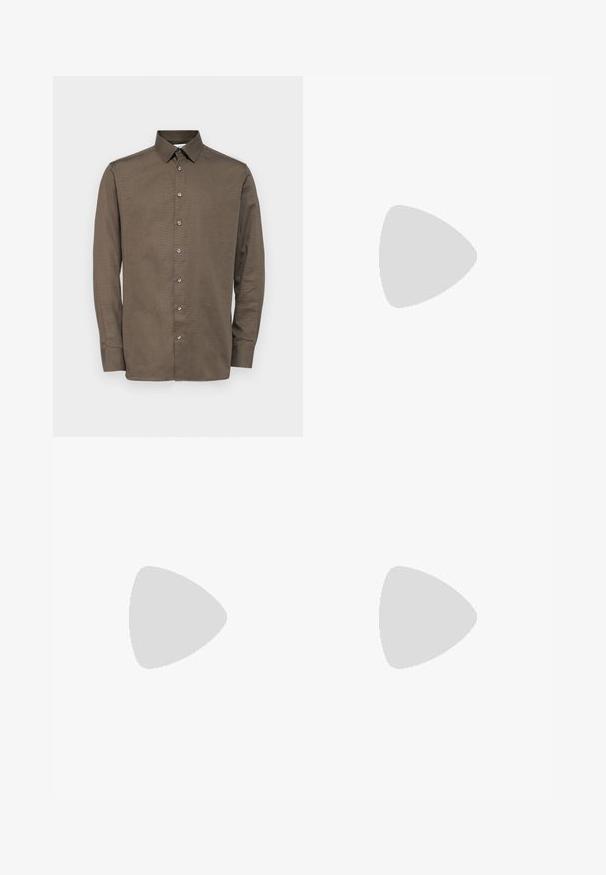 Selected Homme SLHSLIMSOHO SHIRT  - Overhemd - morel; Wijde jeans in donkergrijze denim met een hoge taille, een klassieke vijf-pocketontwerp en contrasterende stiksels langs de naden.; Bruine leren loafers met een gladde afwerking, voorzien van een subtiele gestikte detail op de bovenkant en een zwarte rubberen zool.; Bruine rechthoekige zonnebril met getinte glazen, kunststof frame en metalen accenten aan de zijkanten. Heeft een slank ontwerp en een gladde textuur.