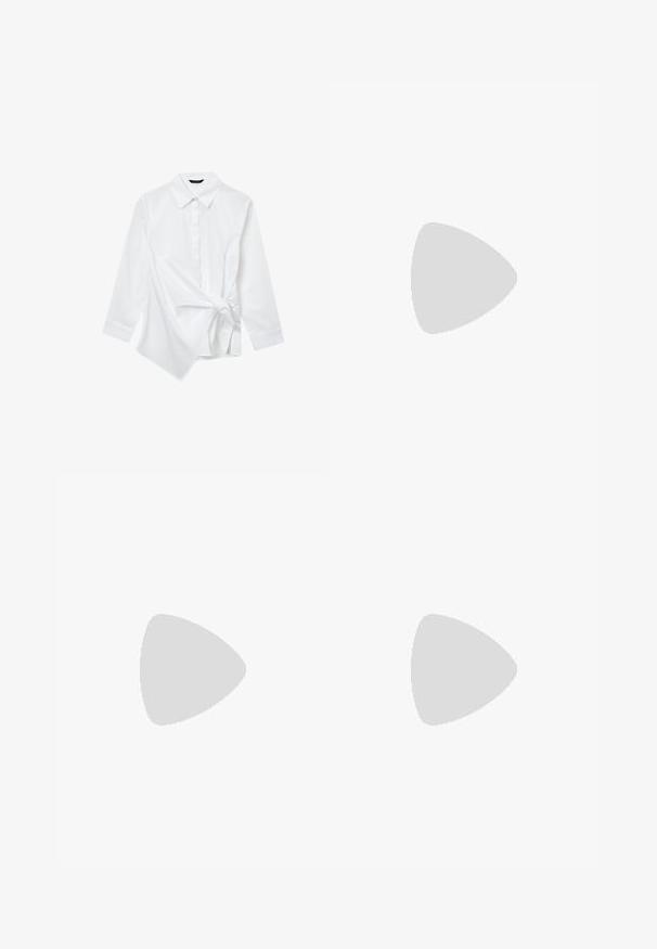 White cotton shirt with long sleeves, pointed collar, button-down front, and an asymmetrical hem tied at the waist for a gathered effect.; Purple striped trousers with pleats, featuring a high waist and straight-leg design. Made from a smooth, textured fabric.; Bershka High heeled sandals - black; Black patent leather handbag with a curved shape, one shoulder strap, front pockets, and silver-tone hardware accents.
