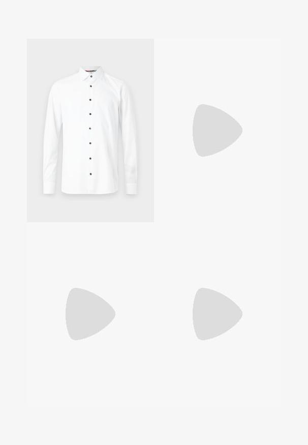 White long-sleeve shirt with a button-down collar, featuring black buttons and a smooth texture. No patterns or graphics visible.; Set of five t-shirts in black, white, and navy blue. Cotton fabric, short sleeves, crew neck design, and plain texture with no patterns.; Green patterned trousers featuring a snake print design with shades of brown and orange, straight cut, and a smooth texture.; Black leather loafers with a smooth finish, rounded toe, and a small decorative flap. Features a low stacked heel and subtle branding detail.