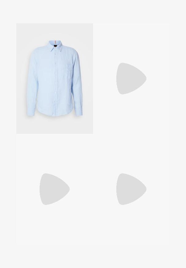 Light blue linen long-sleeve shirt with a button-down collar, front pocket, and white buttons. Features a relaxed fit and textured fabric.; White cotton t-shirt with short sleeves, crew neck, featuring a small gold logo on the left chest area. Soft texture and regular fit.; Dark blue denim jeans with a high waist, straight leg design, contrasting stitching, and patch pockets on the front.; Black and gray sneaker with a mix of suede and mesh materials, thick sole, prominent logo, and red accent on the tongue.