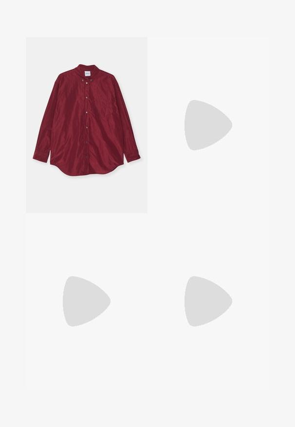 Burgundy, long-sleeve shirt made of smooth fabric. Features a button-down collar, front pocket, and subtle sheen. Buttons are silver-colored.; Striped dress in light green and white, featuring a round neckline, short puff sleeves, and a button closure at the back.; Black leather sandal with thin straps, low block heel, and square toe. Features a buckle closure and smooth texture.; Woven blue handbag with a textured surface, rectangular shape, short handle, and a large round closure detail on the front.