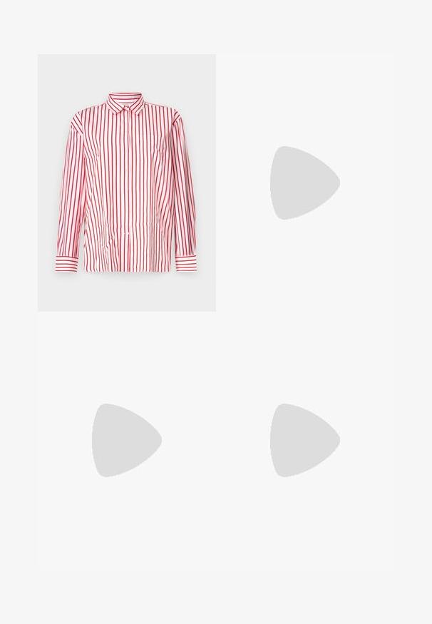 Red and white striped button-up shirt with long sleeves, a collar, single chest pocket, and a smooth, lightweight fabric texture.; Black tailored trousers with a straight-leg design, featuring a smooth texture and crisp creases along the front. No visible hardware.; Black leather slingback heels with a pointed toe, featuring a slim heel and a gold-tone accent on the adjustable strap. Smooth texture.; Black leather handbag with a structured design, featuring a cropped shape, top handle, and gold hardware accent. Adjustable shoulder strap included.