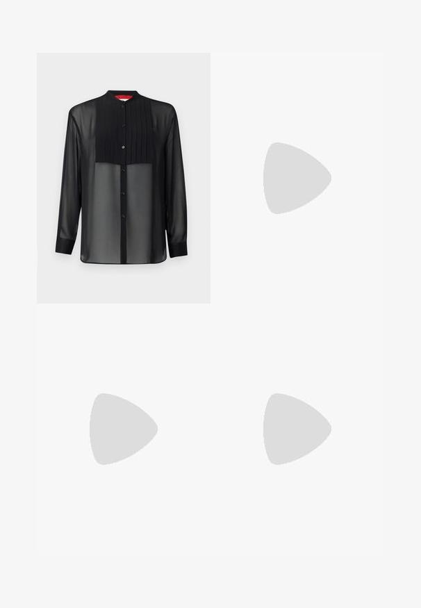 Camicia nera a maniche lunghe in tessuto trasparente con un pannello frontale plissettato. Caratterizzata da un colletto alla cinese e chiusura a bottone sul davanti.; Gonna midi bianca in maglia con un motivo testurizzato a righe verticali e dettagli a taglio vicino all'orlo. Vita elasticizzata. Materiale morbido.; Pantofole da balletto nere in pelle con punta arrotondata, texture liscia, dettagli di cucitura minimi e design con suola flessibile.; Borsa a tracolla in pelle marrone con chiusura a pattina, hardware color oro, tracolla e una finitura liscia. Forma rettangolare compatta.