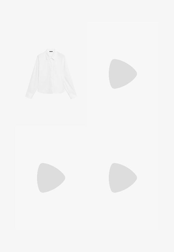 Witte blouse met lange mouwen, een puntige kraag, knoopsluiting aan de voorkant en een rechte zoom. Gemaakt van een gladde stof met een frisse, schone uitstraling.; Witte wijde broek gemaakt van een lichte stof, met een vlakke voorkant, plooien en een tailleband, die een losse, luchtige pasvorm biedt.; Zwarte flip-flop met een gestructureerde rubberen zool, twee slanke banden en een subtiele, ingedrukte logo-detail op de band.; Bruine schildpad zonnebril met een vintage cat-eye vorm en bruine lenzen. Heeft gebogen armen met rode accenten.; Geweven stro-tas met gevlochten textuur, donkerbruine leren handvatten en basis, wijd cirkelvormig ontwerp en open bovenkant.; Parelketting bestaande uit een enkele streng witte parels, afgewisseld met kleine gouden kralen, afgerond met een gouden sluiting.