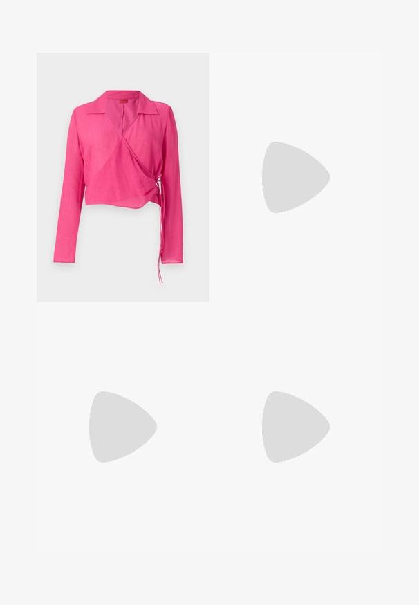 Pink wrap blouse with long sleeves, collar, textured fabric, and adjustable side ties for fit. Features a deep V-neck and cropped length.; Black wide-leg trousers made from cotton, featuring a high waist, large side pockets, and a belted waist with silver hardware accents.; Black patent leather slingback pump with a pointed toe, small heel, and a cutout design on the vamp. Gold-tone hardware accent on the side.; Black leather handbag with a curved shape, silver zipper, and a short handle. Features a subtle logo on the front and smooth texture.