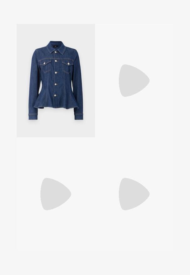 Dark blue denim jacket with a fitted waist, button front, two chest pockets, and long sleeves. Features peaked collar and subtle stitching details.; Blue denim jeans with a straight-leg cut, featuring a classic five-pocket design, orange stitching, and a button fly closure.; Blue suede loafers with a flat sole, featuring a stitched design along the edges and a decorative metal accent at the front.; Brown suede shoulder bag with a soft texture, curved shape, and two handles. Features a minimal design with no visible hardware or accents.
