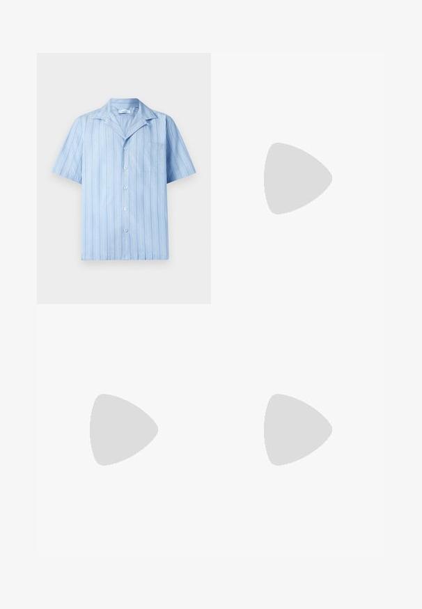 Light blue short-sleeve shirt with vertical white stripes, button front, and a chest pocket. Made from smooth, lightweight fabric.; Tiger of Sweden TENUTA - Trousers - soft white; Black leather sandal with crossed straps, open toe, and ankle strap featuring a metal buckle. Brown insole and black sole. Simple design.; Emporio Armani TRADITIONAL GINO - Watch - brown