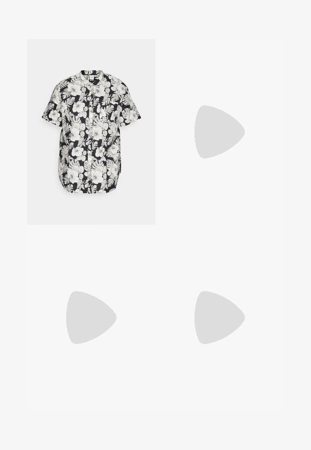 Camisetta nera a maniche corte con motivi floreali e foglie bianchi, design con bottoni e tasca sul petto con orlo curvo.; Jeans skinny in denim grigio sbiadito, con dettagli strappati sulle ginocchia, abbinati a sneakers bianche. Texture liscia, design slim fit.; Sneakers in pelle bianca con perforazioni, punta rotonda, suola piatta e lacci spessi, con logo swoosh visibile e "AIR" sul tallone.; Orologio da polso in acciaio inossidabile argento con quadrante blu navy, indici metallici e finestra della data alle 3. Resistente all'acqua fino a 50 metri.