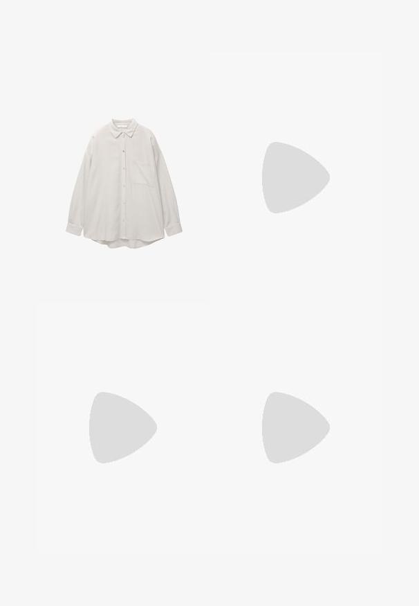 Chemise button-up gris clair avec un col, des manches longues et une poche poitrine unique. Tissu doux et coupe relaxée, légèrement oversized.; Pantalons larges en lin marron avec taille à cordon de serrage, dotés de deux poches latérales et d'une texture douce. Design simple et sans embellissements.; Chaussure de bateau en cuir brun avec lacets, dotée d'une semelle en caoutchouc texturé et d'œillets. Fini lisse avec des coutures et des détails contrastés.; Lunettes de soleil en écaille de tortue avec un design géométrique, verres jaunes et accents en métal sur les tempes. Monture large et texture mate.