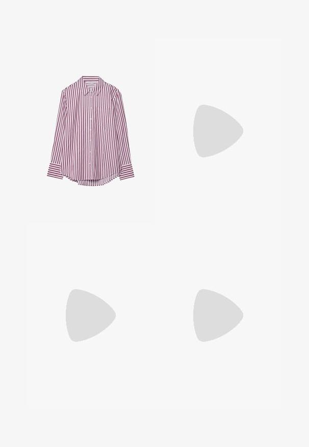 Long-sleeve button-up shirt in burgundy and white vertical stripes. Features a collar and a chest pocket, with a curved hemline.; Dark blue straight-leg jeans with front pockets, belt loops, and a button closure.; Brown patent leather slingback shoe with pointed toe, low heel, and a decorative bow accent on the front. Smooth, shiny texture.; Soft brown hobo-style handbag with a single wide strap and a curved top handle opening, displayed on a white background.