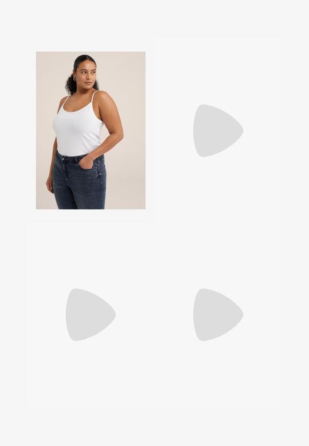 Hvid ærmeløs top med tynde stropper, lavet af blødt stof. Kombineret med mørk vask, høj talje jeans med forlommer og en tætsiddende design.; Mørkeblå denim jeans med høj talje, forlommer og brede, flagrende ben, udstillet fladt på en hvid baggrund.; Spids tå slingback hæl i et glat, blankt tan materiale. Har et buet udskæring design og en slank stiletto hæl. Sølv spænde detalje.; Skildpadde-solbriller med en rund, kraftig ramme og brune linser. Har subtile mønstre og lige, afsmalnende stænger.; Brun læder crossbody taske med en buet form, guldfarvet hardware og en spændeaccent. Har en aftagelig skulderrem.