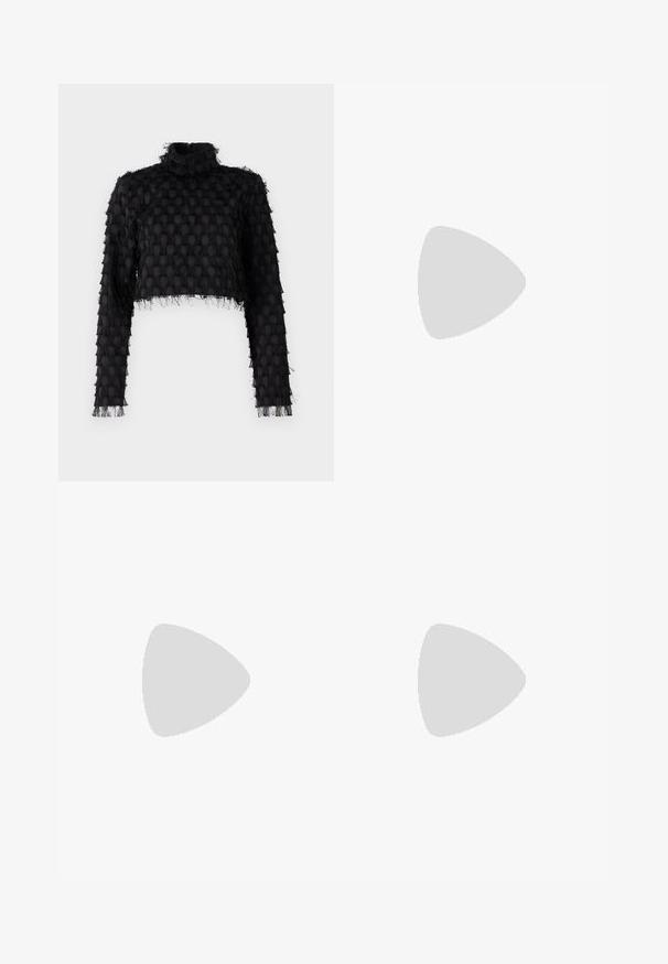 Black cropped top with a high neck, textured pattern, and long sleeves featuring frayed detailing along the edges.; Black wide-leg trousers with two front pleats, elastic waistband, and side zippers for detail. Smooth texture and minimalist design.; Black leather pump with a pointed toe and a chunky square heel. Smooth texture, simple design, suitable for formal settings.; Black leather handbag with a triangular shape, a slim strap, and silver hardware. Features a zip closure and embossed logo on the front.