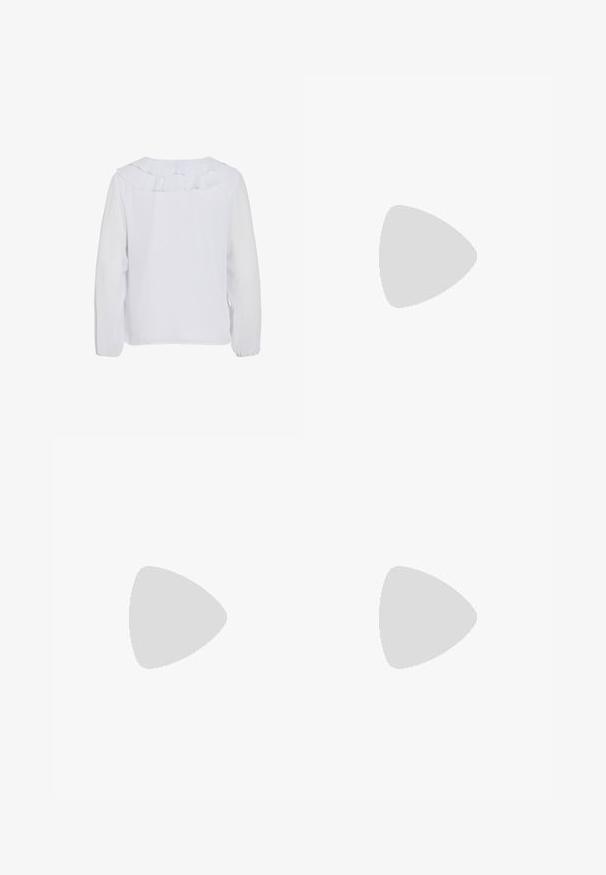 Fehér, hosszú ujjú blúz fodros gallérral, sima textúrával és gumírozott mandzsettákkal. Egyszerű, letisztult dizájn, amely különböző alkalmakra is megfelelő.; Magasan derekú, egyenes szárú, szürke farmernadrág, elől gombbal és cipzárral, elülső és hátsó zsebekkel, valamint elhalványodott árnyékolással a combokon és a vádlikon.; Fekete bőr cipők lekerekített orral, vastag blokk sarkakkal és elasztikus oldalsó díszítésekkel, sötét harisnyával és hasítékkal ellátott fekete szoknyával párosítva.; Fekete, szögletes napszemüveg szürke lencsékkel; műanyagból készült, vastag karokkal, sima felülettel és látható hardver nélkül.