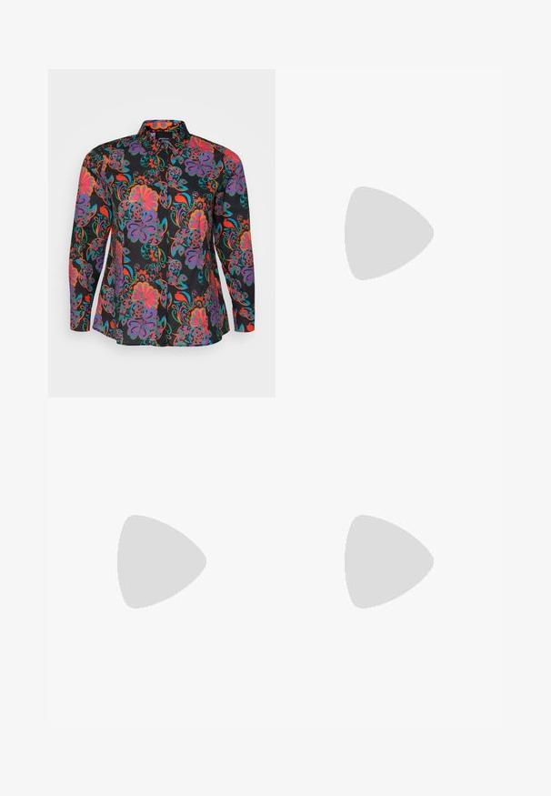 Camicia a maniche lunghe con colletto in tessuto nero, caratterizzata da un vivace motivo floreale e paisley nei colori viola, rosso e turchese.; Pantaloni neri in similpelle con una texture liscia, gambe affusolate, vita elastica e un dettaglio con bottone sul davanti.; Stuart Weitzman THEA - Sandali - golden; Orecchini a cerchio in tono oro con una finitura liscia e lucida. Presentano una forma a mezza luna e una chiusura a perno sicura.