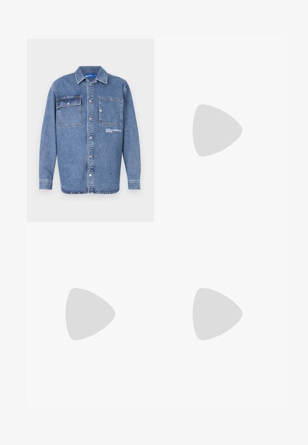 Jaqueta de denim azul claro com colarinho clássico, dois bolsos no peito com botão e logótipo bordado "KARL JEAN". Fecho por botão na parte da frente.; BOSS TEE - T-shirt básica - open white; Calças de algodão bege com corte reto, apresentando um fecho de botão e pregas na frente para um detalhe adicional.; Tênis atléticos brancos com detalhes em malha e couro. Apresenta um logotipo dourado "BOSS", painéis laterais texturizados e um capô de calcanhar preto. Sola em borracha.