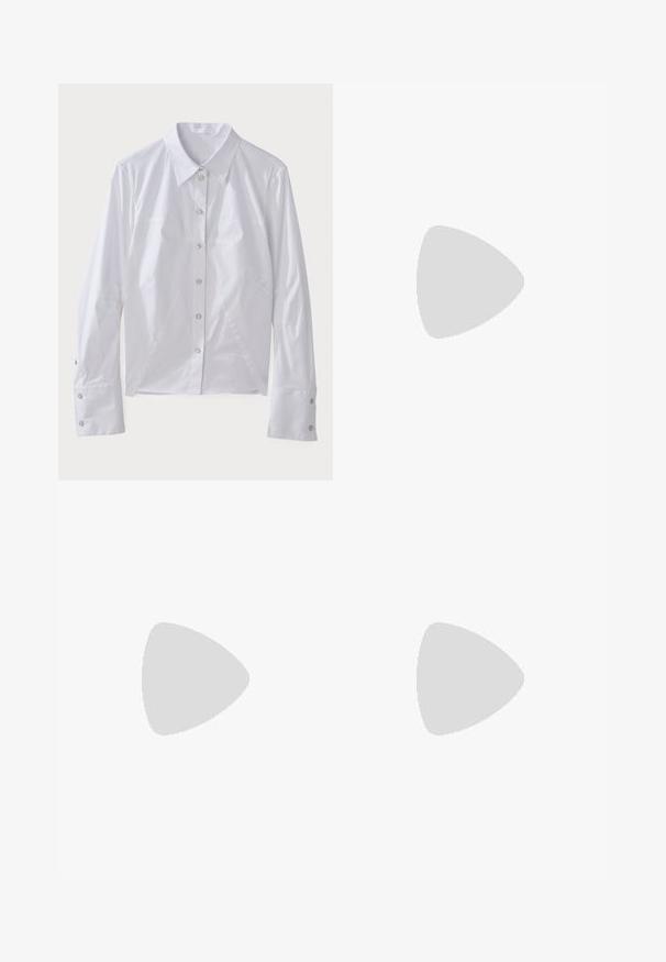 White long-sleeve shirt made of smooth fabric, featuring a pointed collar, front buttons, and structured seams for a tailored fit. Silver button accents.; Black pleated midi skirt with a smooth, elastic waistband and sheer overlay, featuring fine vertical pleats throughout the fabric.; Black patent leather high-heeled mule with a pointed toe and a sleek silhouette, featuring an open back and a slender stiletto heel.; Navy blue leather clutch with a crocodile texture, silver chain strap, and metallic clasp. Rectangular shape with foldover design.