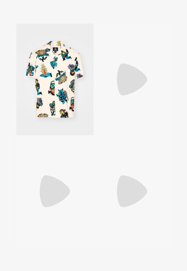 Korte mouwen shirt in crèmekleurige stof met levendige, multikleuren grafische prints van dieren, planten en abstracte ontwerpen. Klassieke kraag.; Witte katoenen t-shirt met korte mouwen en ronde hals, voorzien van een klein gouden logo op de linkerkant van de borst. Zachte textuur en een normale pasvorm.; Cargo broek in olijfgroen, gemaakt van katoen, met een wijd broekontwerp, plooien en zijzakken voor utility.; Witte leren sneaker met een laag ontwerp, ronde neus, perforaties en een gestructureerde zool. Veters en subtiele stiksels zijn inbegrepen.; Olijfgroen canvas tote bag met logo-afdruk, dubbele handvatten, vierkante vorm, zichtbare stiksels en geen extra patronen of accenten.