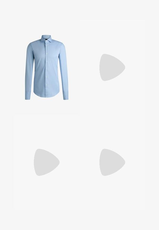 BOSS H-HANK-SPREAD-DC - Zakelijk overhemd - light blue; Zwarte dresspants met een recht pasvorm, gemaakt van een gladde stof. Heeft een sluiting met een knoop aan de voorkant en ceintuurlussen. Effen zonder patronen.; Zwarte leren instappers met een gestructureerde afwerking en een contrasterende beige rubberen zool. Beschikt over een subtiele accent langs de voorkant.; Zwarte leren handschoenen met vijf vingers, voorzien van decoratieve stiksels. De binnenkant heeft een zachte voering en een open wijsvingerdesign.