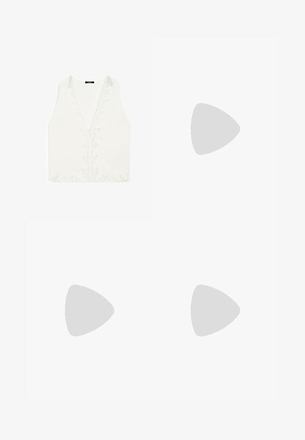 White sleeveless blouse with a deep V-neck, featuring delicate lace accents along the edges and a smooth, lightweight fabric texture.; Wide-leg black denim pants featuring a mid-rise waist, two front pockets, and a clean, minimalist design with no visible embellishments.; Beige strappy heeled sandal with a square toe, twisted front design, ankle strap, and block heel. Smooth texture, minimalistic style.; Black leather handbag with a curved shape, detachable strap, and gold hardware. The bag features a flap with a buckle detail.