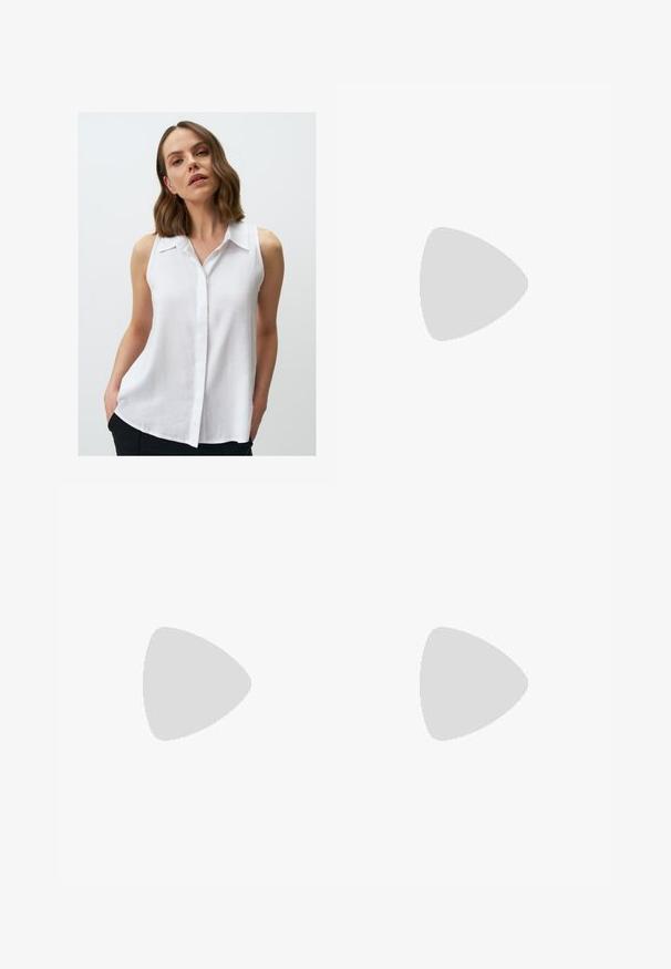 Blusa bianca senza maniche con abbottonatura frontale, dotata di colletto e vestibilità morbida. Il tessuto appare leggero con una consistenza morbida.; Mini gonna nera con taglio dritto e leggero spacco laterale. Realizzata in tessuto morbido, presenta un orlo pulito e un design minimalista.; Scarpa piatta in pelle verniciata nera con punta affusolata, cinturino alla caviglia con fibbia in tono oro e tacco basso a blocco. Finitura liscia e lucida.; Borsa a tracolla nera in pelle con due tasche frontali, doppio manico e chiusura superiore con zip. Texture liscia e forma arrotondata.