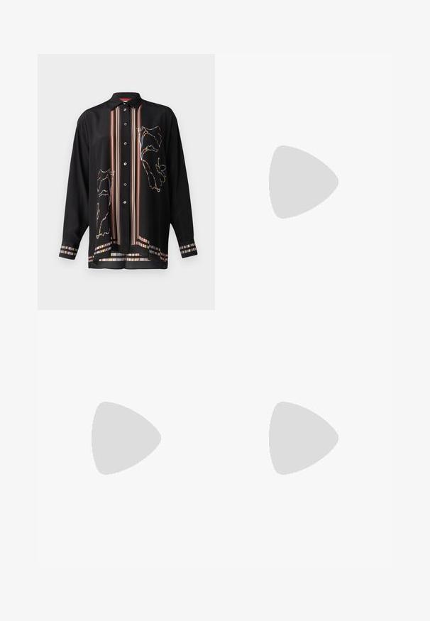 Musthave mustrik ja kergest kangast must särk, millel on värvikad triibulised aktsendid ning lilleline ääristus esiküljel ja varrukatel.; Mustad kohandatud püksid kõrge vöökohtaga, ees plisseeritud, sirge sääre disainiga ja mansetiga hem. Valmistatud sileda kangaga.; Mustad nahast loafers, millel on õmblustega muster, sile tekstuur, kuldne klamberdetail ja ümar varvas, paigutatud madalale mustale tallale.; Must küllastamata nahast õlakott, millel on kaks esist nähtavat taskut, kuldsed pandlad, tõmblukuga sulgemine ja peen rihm. Tekstuuriga pind ja kompaktne ristkülikukujuline kuju.