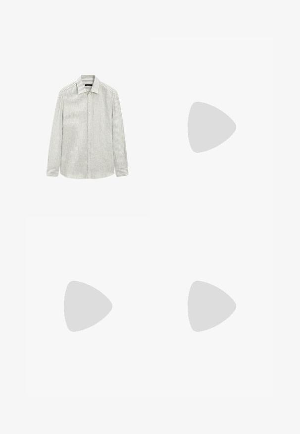 Gestreept overhemd in lichtgrijs en wit, gemaakt van een mengsel van katoen en linnen. Heeft een klassieke kraag en lange mouwen met knopenmanchetten.; Linnen broeken in lichtbeige, met een elastische tailleband met een trekkoord, een wijde pasvorm en zijzakken. Gladde textuur.; Bordeaux leren instapper met een ronde neus, gestikte details en een kleine decoratieve accent op de schacht. Platte, contrasterende zool.; Zwarte plastic zonnebril met groene lenzen, vierkante montuur, zilveren accent op de wenkbrauw en een gestructureerde tempel. Merken vermeld op de binnenkant van de arm.