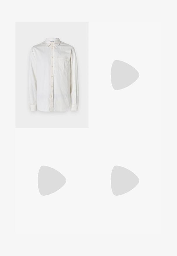 Long-sleeve, white shirt made of textured fabric with a button-down collar, front pocket, and button closures along the placket and cuffs.; Black tailored trousers with a straight fit, made from smooth fabric. Features belt loops and crease detail along the front.; White leather sneakers with a smooth finish, rounded toe, flat laces, and a textured sole. Grey suede accent at the heel.; Clear plastic sunglasses with rectangular brown lenses, featuring thin, transparent arms and metal accents on the temples.