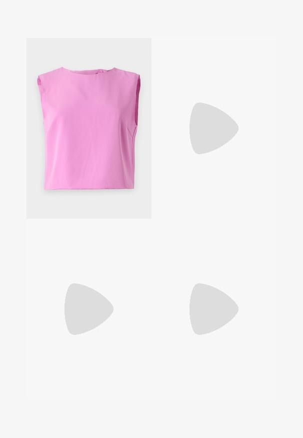 Pink sleeveless top with a round neckline, smooth texture, and a button closure at the back. The design is boxy and relaxed fitting.; Black wide-leg trousers made of smooth fabric, featuring pleats at the front, a mid-rise waist, and no visible fastenings or embellishments.; Pink patent leather heeled sandals with a square toe, narrow straps, and a geometric block heel. Features a buckle detail on the strap.; Burgundy leather handbag with a soft, gathered design and a rounded shape. The handle is secured, showcasing a smooth texture.