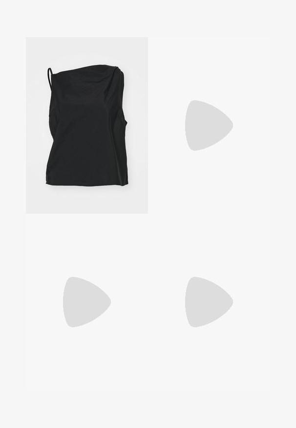 Haut sans manches noir en tissu léger, présentant une coupe décontractée, une texture subtile et une encolure asymétrique.; Mini-jupe noire à sequins, avec une coupe ajustée, texture lisse et surface brillante, reflétant la lumière pour créer un intérêt visuel.; Bottes noires à talons vernies hauteur genou, avec un bout arrondi, une texture lisse, un détail de découpe sur le côté et un talon empilé chunky.; Sac à épaule en cuir verni rouge foncé avec une poche avant zippée et deux petits compartiments latéraux zippés.