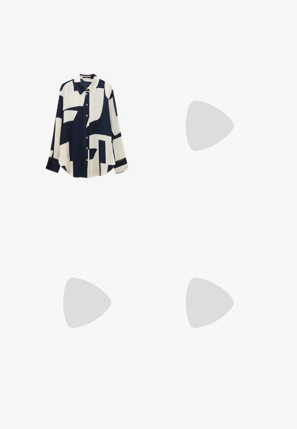 Long-sleeve blouse in navy and cream with abstract geometric patterns. Features a classic collar, button front, and a relaxed fit. Smooth texture.; Black trousers with a straight fit, featuring front pockets and side slits at the hem. Made of soft, smooth fabric. Suitable for various occasions.; Black patent heeled sandals with a square toe, ankle straps, and silver buckles. Features a chunky block heel for stability.; Black leather handbag with a curved shape, detachable strap, and gold hardware. The bag features a flap with a buckle detail.