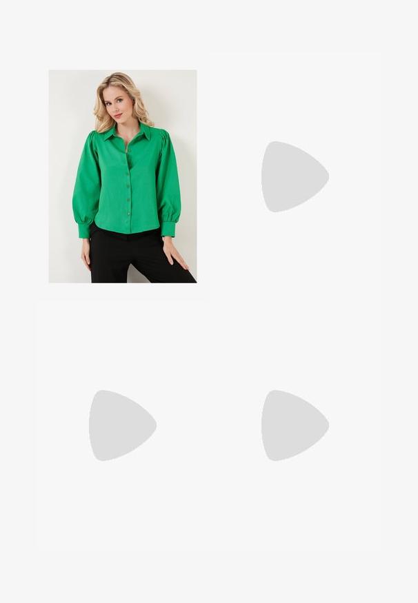 Green button-up shirt with puffed sleeves, made from a smooth fabric. Features a collar and lined buttons at the front. Worn with black bottoms.; Dark green, lightweight, stretchy trousers with a waistband and wide legs. Made of smooth fabric with no visible patterns or hardware.; Black high-heeled shoe with a pointed toe, glossy texture, thin straps, and a decorative pleated detail on the front.; White synthetic handbag with a triangular shape, flat front flap and bow detail, adjustable strap, smooth texture, and minimalistic design.