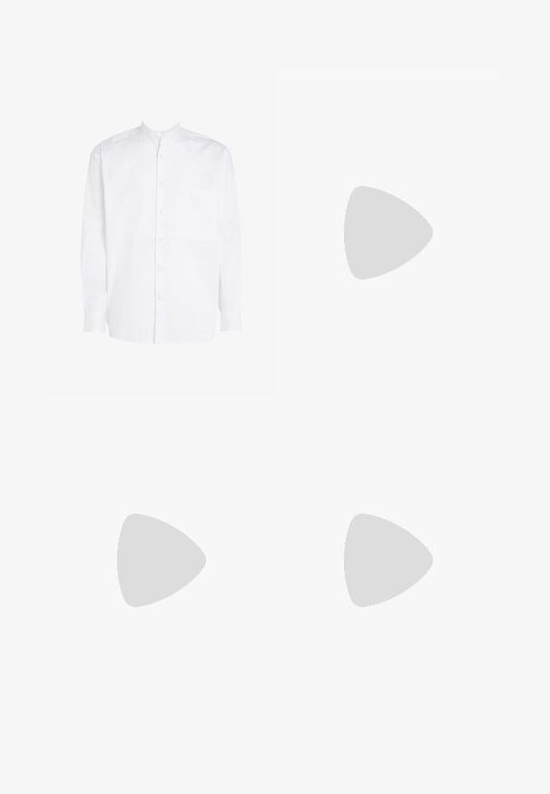 Cămașă albă cu mâneci lungi, cu guler de bandă, închidere frontală cu nasturi și o singură buzunar pe piept. Fabricată dintr-un material de bumbac neted.; Jeans negre cu picioare largi, realizate din denim. Au un tiv standard, cinci buzunare și accesorii metalice. Detaliile cusute se află de-a lungul cusăturilor.; Adidași roșii din suede cu accente albe, având material texturat, vârf rotund și un logo auriu pe lateral, purtați cu pantaloni negri.; Ceas din oțel inoxidabil argintiu, cu carcasă pătrată, față albă, afișaj analogic și digital, și brățară din link-uri metalice. Design rezistent la apă.