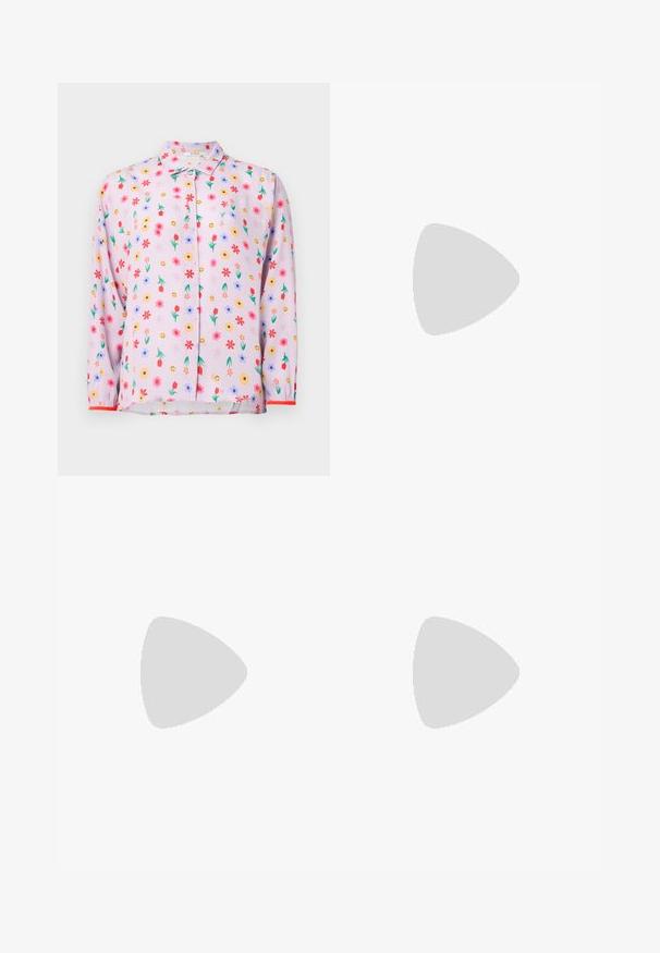 Light pink blouse featuring a floral pattern with red, yellow, and blue flowers, smiling faces, and a button-down front design. Long sleeves with red accents.; White, wide-leg trousers made of smooth fabric. Features a single yellow button closure and pleated front design. No visible pockets.; Beige strappy heeled sandal with a square toe, twisted front design, ankle strap, and block heel. Smooth texture, minimalistic style.; White leather handbag with a structured design, featuring a magnetic clasp and a shoulder strap, showcased against a neutral background.