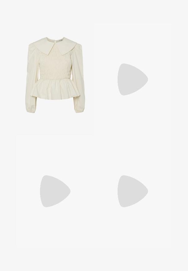 Cream-colored blouse with a large flat collar, smocked bodice, and puff sleeves. Features a peplum hem and back closure. Made from lightweight fabric.; Brown high-waisted trousers with pleats, made of smooth fabric. Loose fit, straight leg design, featuring belt loops and a zip fly.; Black patent leather slingback heels with a pointed toe and a geometric block heel. Features a sleek, minimal design and smooth texture.; White structured handbag with short handles and a shoulder strap, featuring gold hardware accents and textured material, displayed against a grey background.