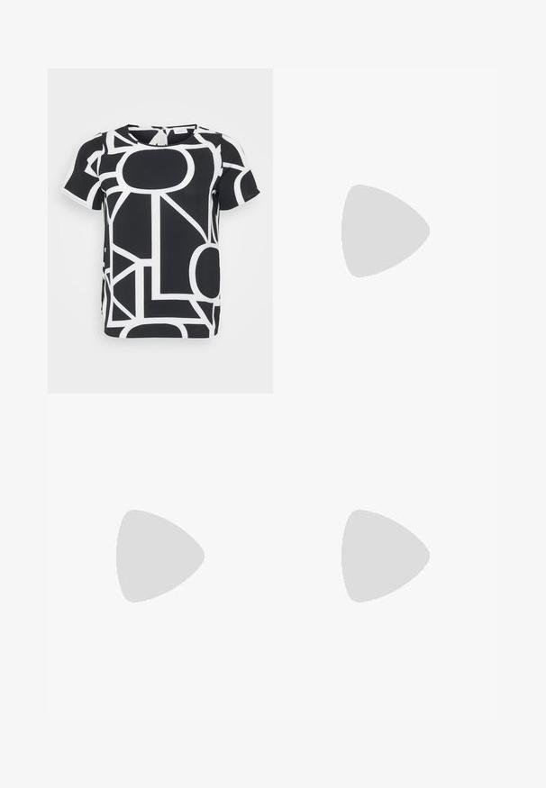 Top corto a maniche corte in bianco e nero con motivi geometrici, scollo rotondo e dettaglio di chiusura sul retro. Tessuto dalla texture liscia.; Pantaloni neri a gamba dritta, con tasche frontali e spacchi laterali all'orlo. Realizzati in tessuto morbido e liscio. Adatti a diverse occasioni.; Sandali con tacco in vernice nera, con punta squadrata, cinturini alla caviglia e fibbie in argento. Presentano un tacco a blocco spesso per maggiore stabilità.; Borsa tote in pelle nera con texture liscia, forma rettangolare e due manici lunghi. Nessun hardware o decorazione visibile.