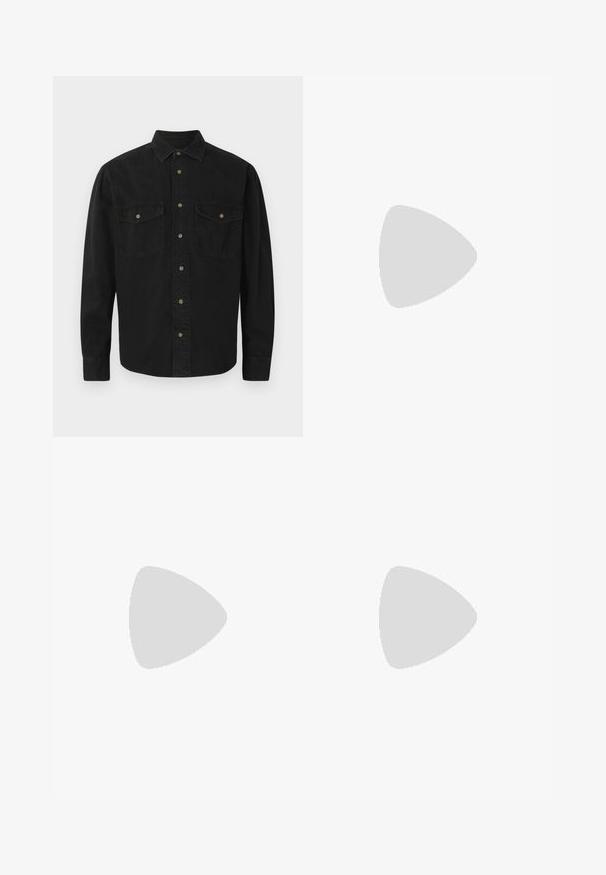 Black button-up shirt made of cotton. Features a collar, two chest pockets, and front button closure. Long sleeves with buttoned cuffs.; Black tank top with a rounded neckline and wide shoulder straps. Made of soft fabric, featuring a smooth texture and simple design.; Black wide-leg trousers with a textured fabric, featuring an elastic waistband and side pockets. Simple, minimal design without embellishments.; Black sports shoes with textured soles, a sleek silhouette, and a grey accent design; features a secure fastening strap and a lace closure.; Black plastic sunglasses with dark green lenses. Square frame design features silver accents and an embossed logo on the temple.