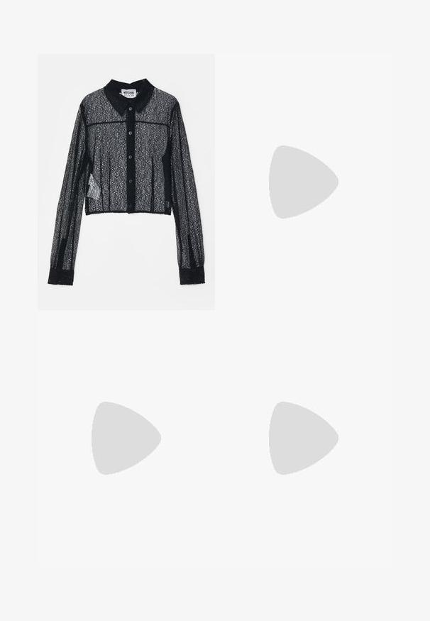 Cropped black lace shirt with long sleeves, button-down front, and a collared neckline. Features intricate patterned texture and solid cuffs.; Black trousers featuring a smooth fabric, tailored design, straight legs, and a flat waistband with no visible closures or pockets.; Black leather slingback pump with a pointed toe, small heel, and a buckle detail on the ankle strap. Smooth texture, minimalist design.; Black leather handbag with geometric white stitching, a top handle, and a detachable shoulder strap. Features gold accents and a zip closure.