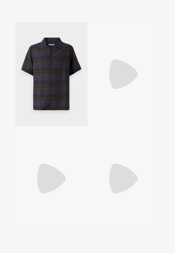 Short-sleeve shirt in dark blue and brown with vertical stripes, button-up front, pointed collar, and smooth fabric texture.; Short-sleeve, crew-neck t-shirt in white and light beige. Features a small gold Nike logo on the chest and a smooth cotton texture.; Navy jogger pants made of soft fabric, featuring an elastic waistband with a drawstring, tapered legs, and side pockets.; White athletic shoes with black accents and green cushioning. Features a textured upper, lace-up closure, and visible brand logo.